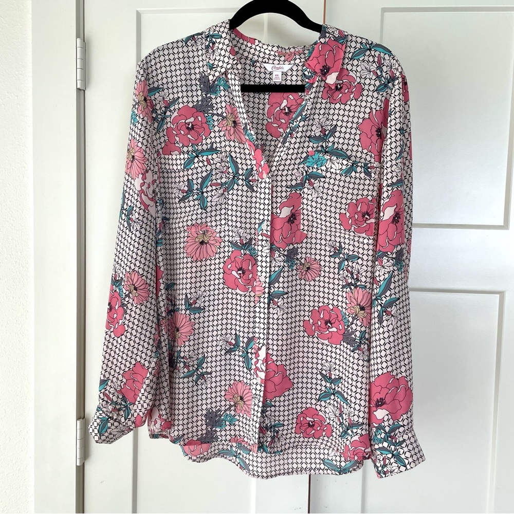 Candie’s button down convertible sleeve floral button down blouse top size XXL
